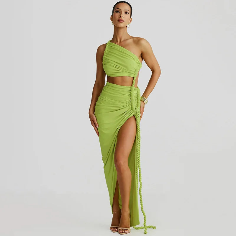 Asymmetrical Ruched Backless High Split Long Dress