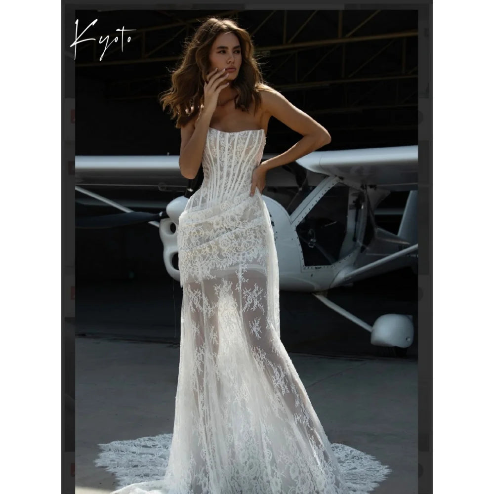 Lace Wedding Dress - Strapless Detachable Train I Love that Boho | Love that Boho Lace Wedding Dress - Strapless Detachable Train I Love that Boho | Love that Boho