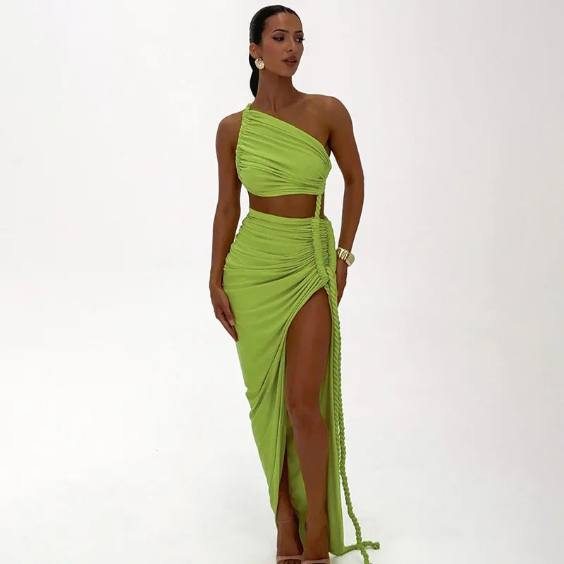 Asymmetrical Ruched Backless High Split Long Dress