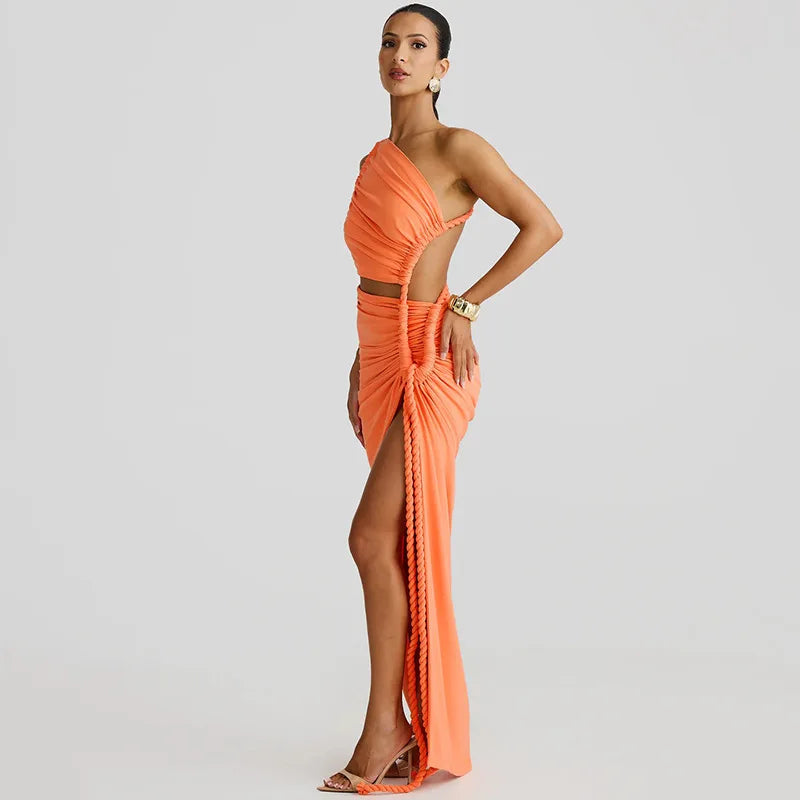 Asymmetrical Ruched Backless High Split Long Dress