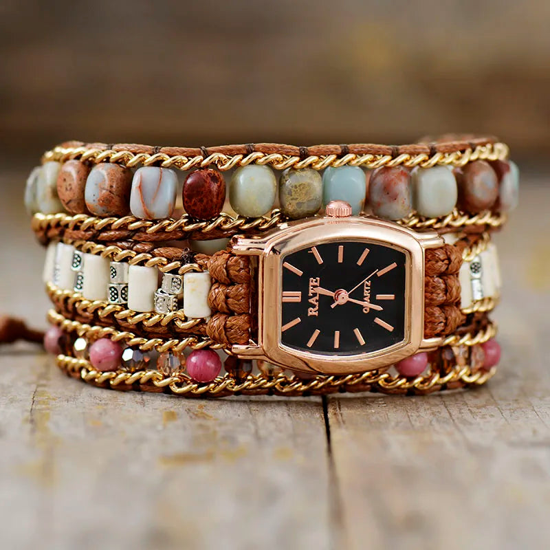 gemstone watch, watch with beads, boho watch