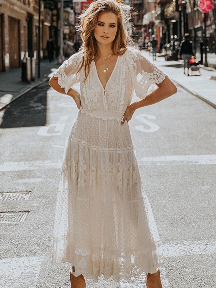 White Boho Dress I Cross Semi-Sheer Lace Maxi Dress I Love that Boho