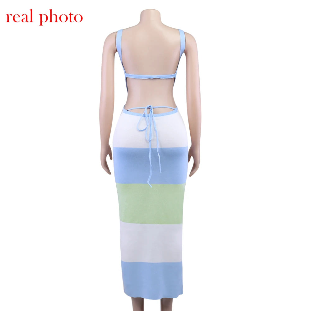 Backless Knit Stripe Maxi Dress