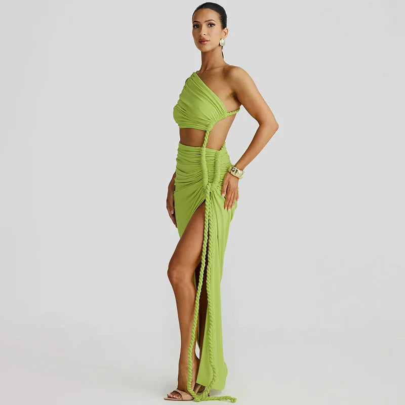 Asymmetrical Ruched Backless High Split Long Dress