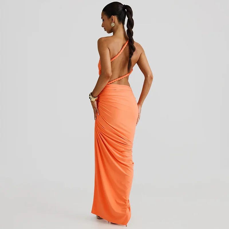 Asymmetrical Ruched Backless High Split Long Dress