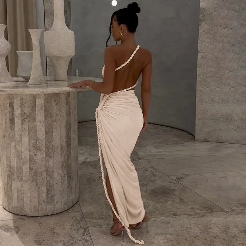 Asymmetrical Ruched Backless High Split Long Dress