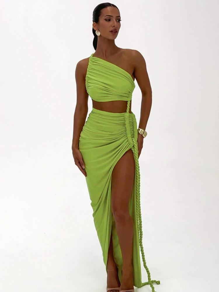Asymmetrical Ruched Backless High Split Long Dress