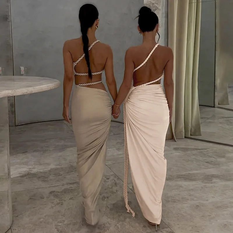 Asymmetrical Ruched Backless High Split Long Dress