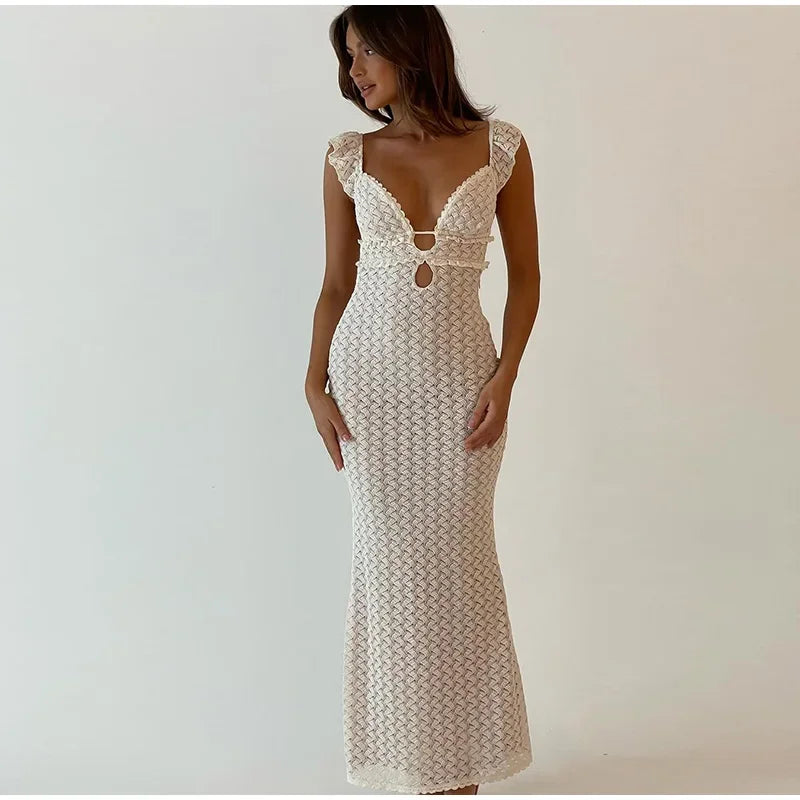 Elegant Hollow Out Knit Maxi Dress