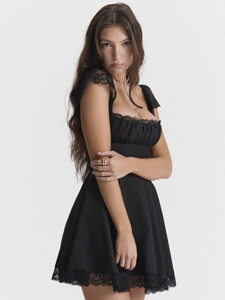 Black Lace Strap Mini Dress , black flowy mini dress, black boho dress