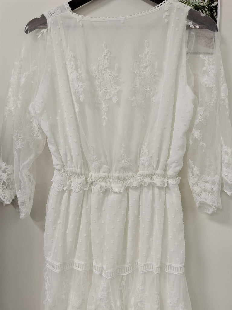 white lace dress, white boho dress, white lace boho dress, Cross Semi-Sheer Lace Maxi Dress 