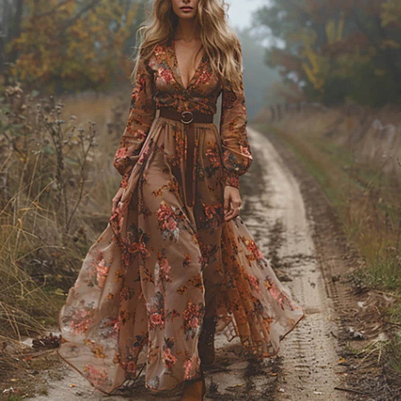 Pattern Printed Long Sleeved Pleated Dress, long sleeve boho dress