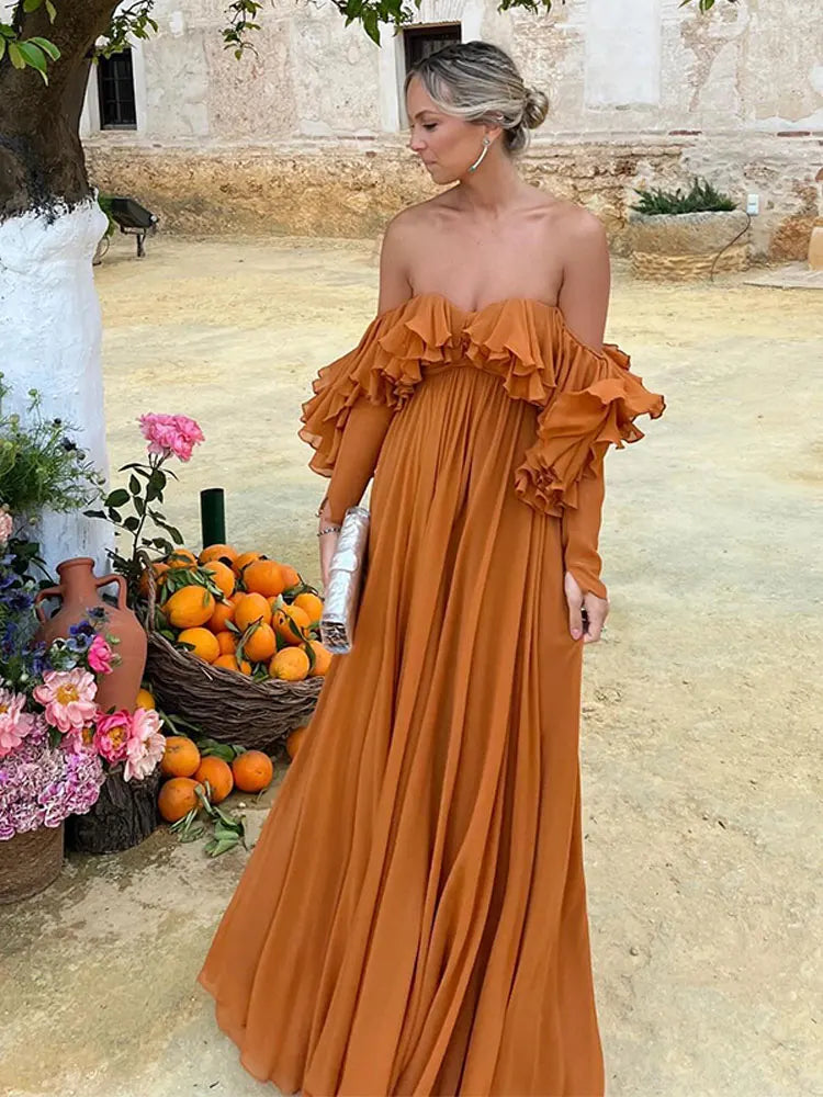 Ruffled Off-shoulder Maxi Dress , Boho off shoulder maxi dress