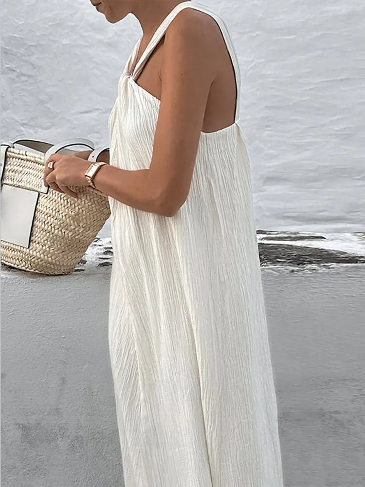 white boho dress, white boho maxi dress, Off Shoulder Halter Pleated Maxi Dress