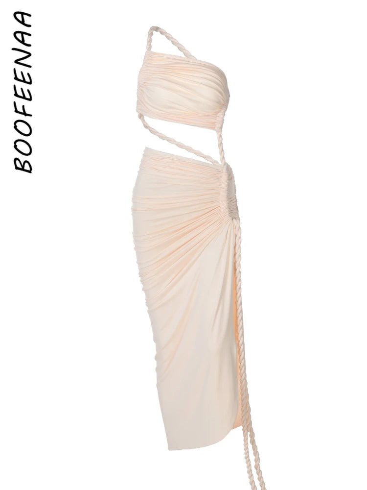 Asymmetrical Ruched Backless High Split Long Dress