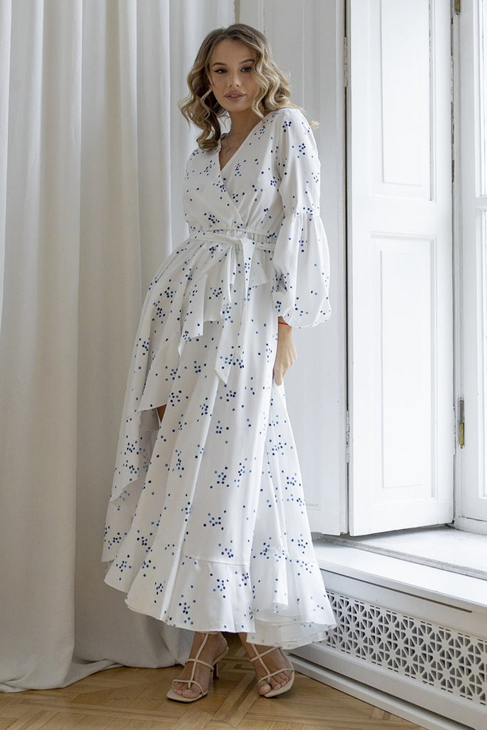 White Polka Dot Flowy Maxi Dress , white boho dress