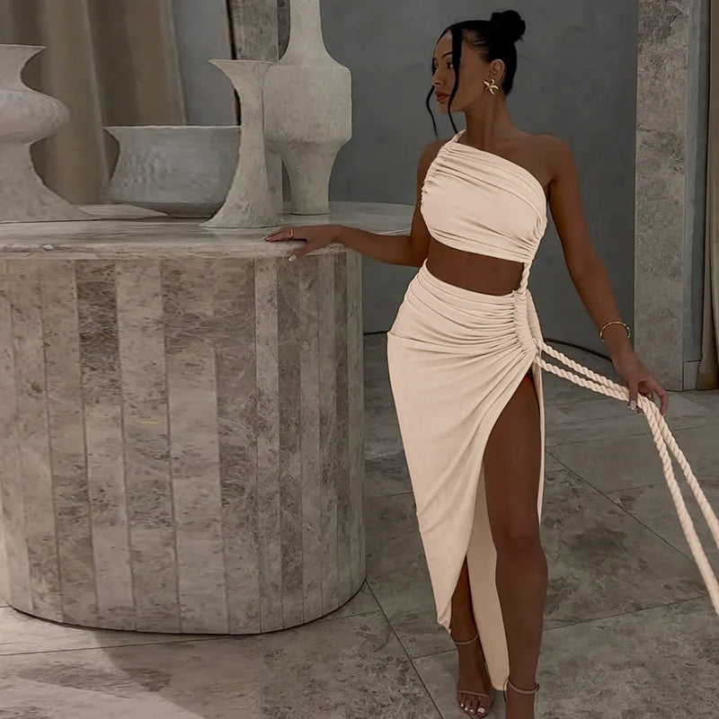 Asymmetrical Ruched Backless High Split Long Dress