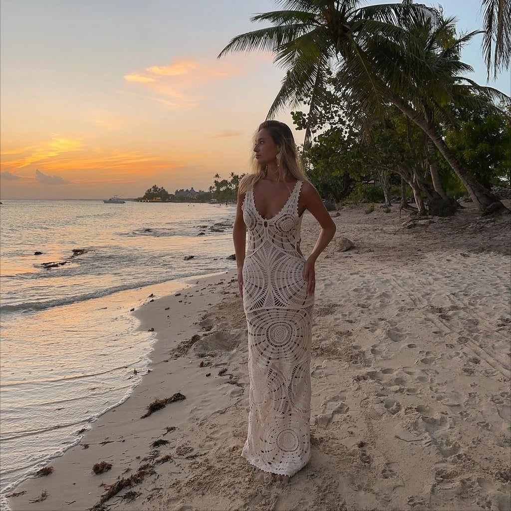 Elegant White Knitted Crochet Dress , white boho dress, white crochet dress