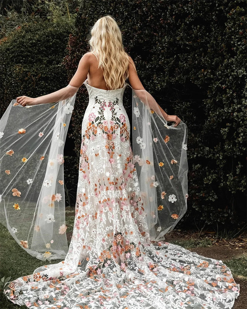 floral wedding dress, boho floral wedding dress