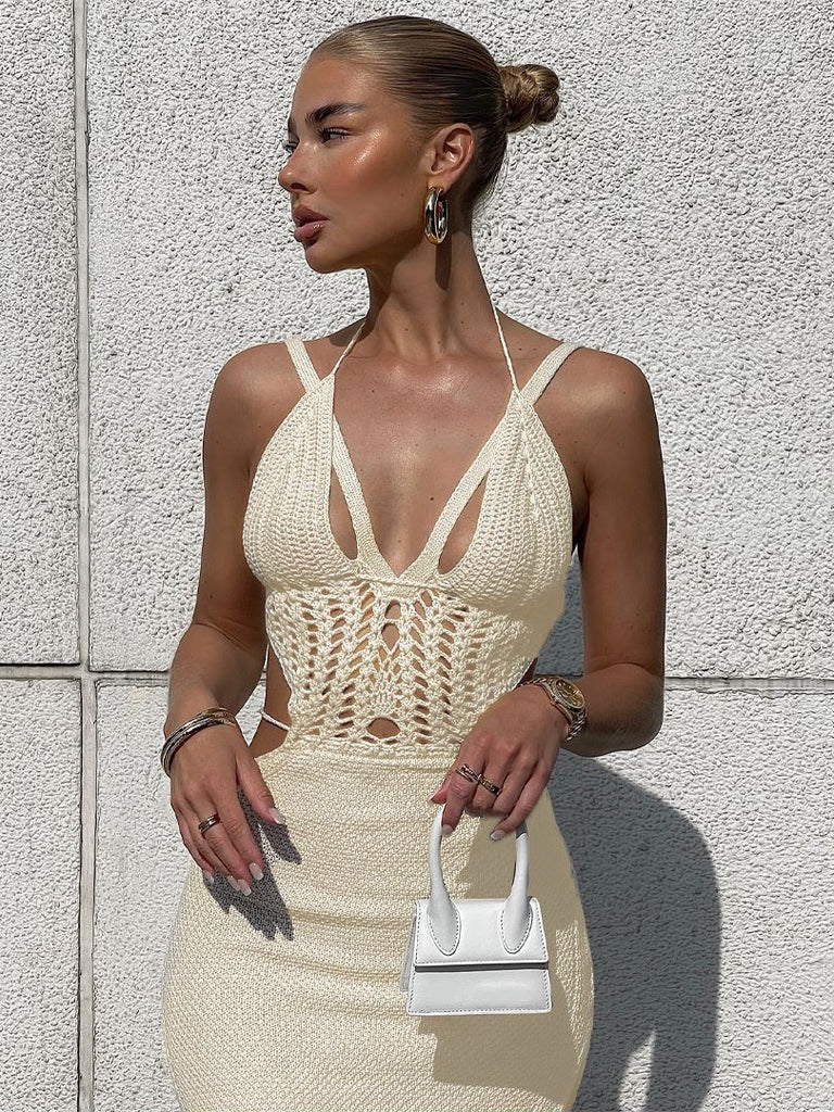 Knitted Cut Out Halter Backless Dress