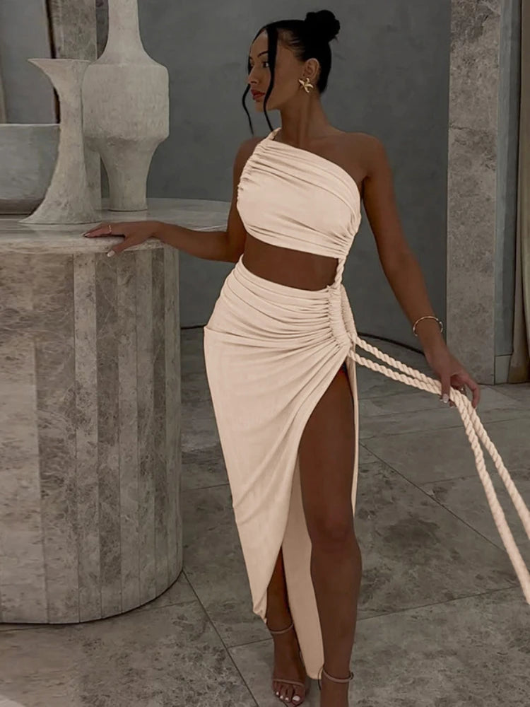 Asymmetrical Ruched Backless High Split Long Dress