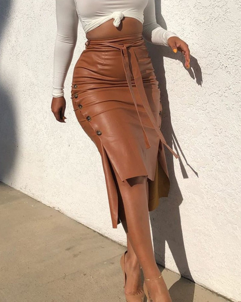tan leather skirt, faux leather skirt, high waist leather skirt