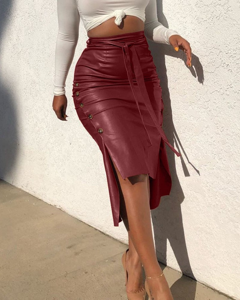 red leather skirt, faux leather skirt, high waist leather skirt