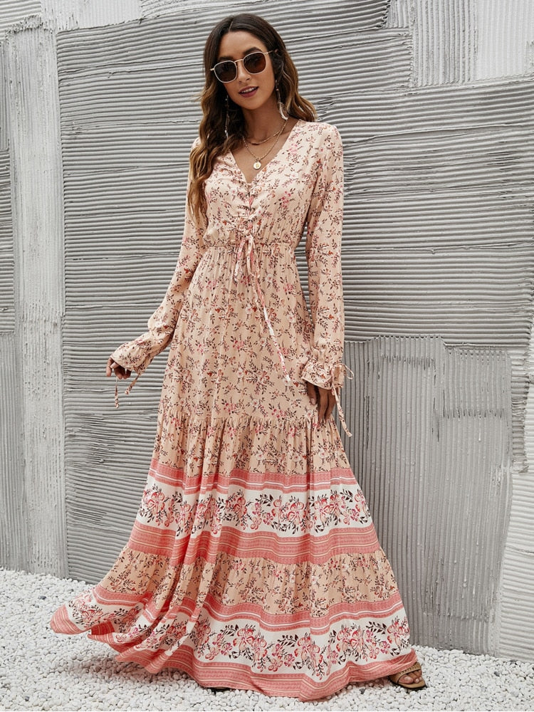 Lace Up Ruffle Long sleeve Dress I Love that Boho