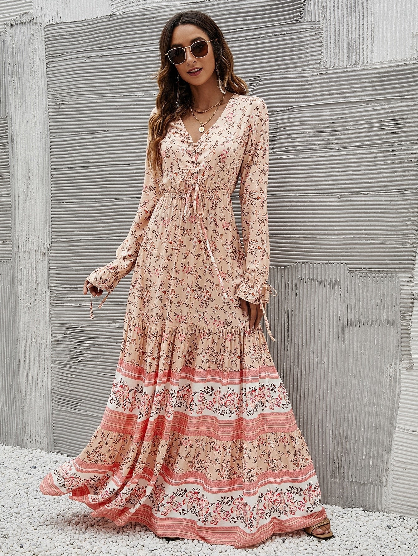 Lace Up Ruffle Long sleeve Dress I Love that Boho