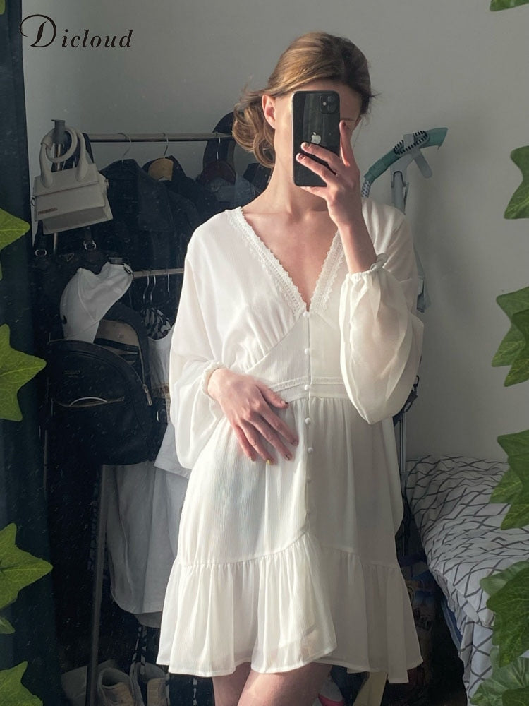 White Flowy long Sleeve Summer Dress , white summer dress, white boho lace dress, white lace dress