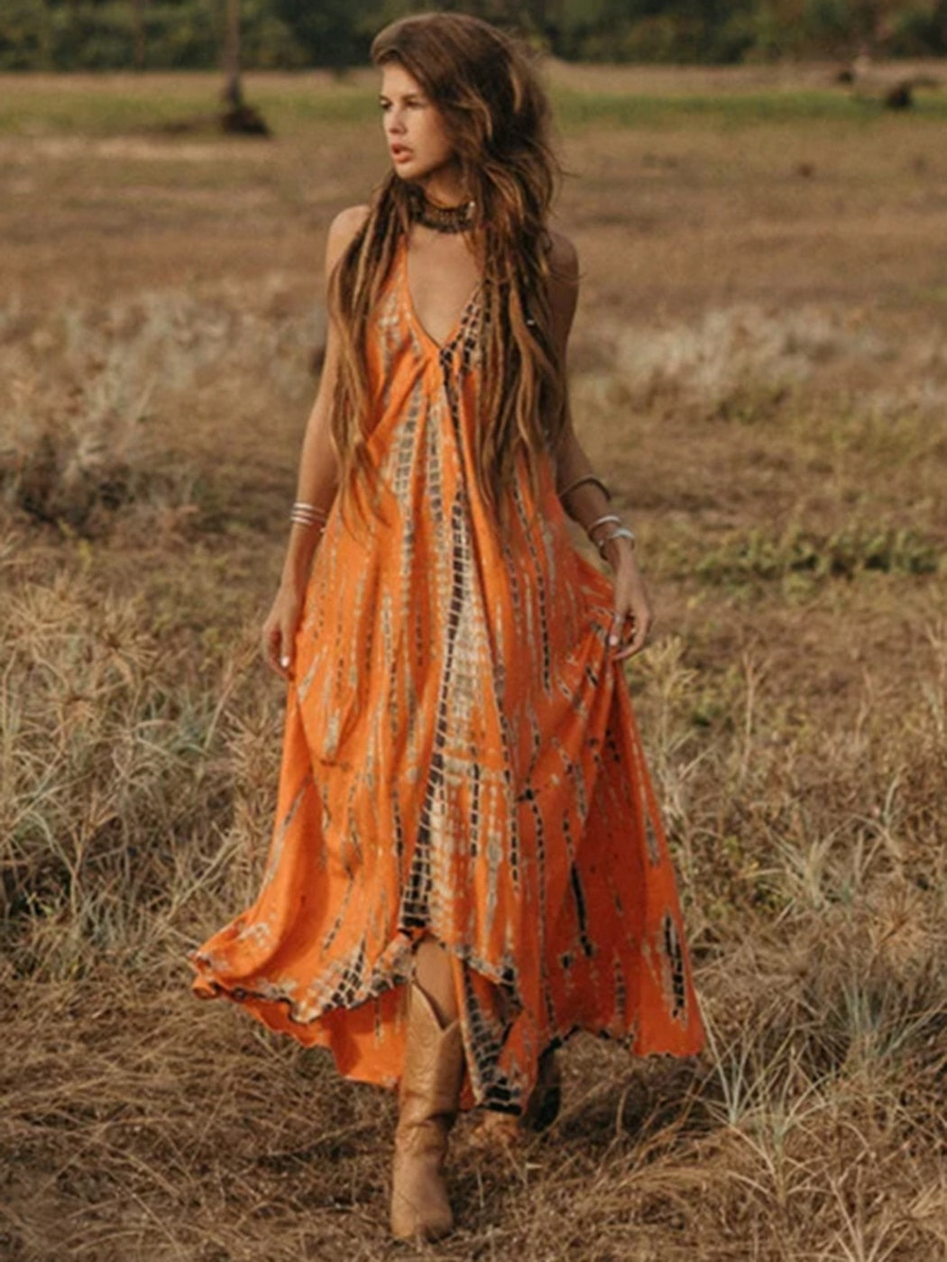 Orange boho dress best sale