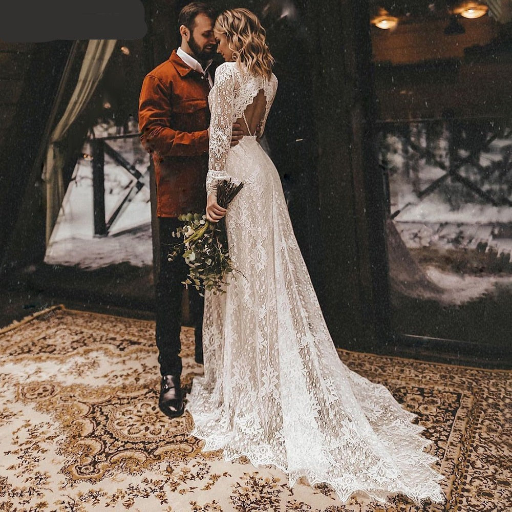 Long Sleeve Lace V Neck Boho Wedding Dress I Love that Boho Love