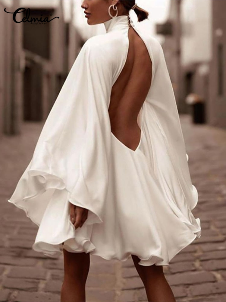 Backless Satin Flare Sleeve Dress