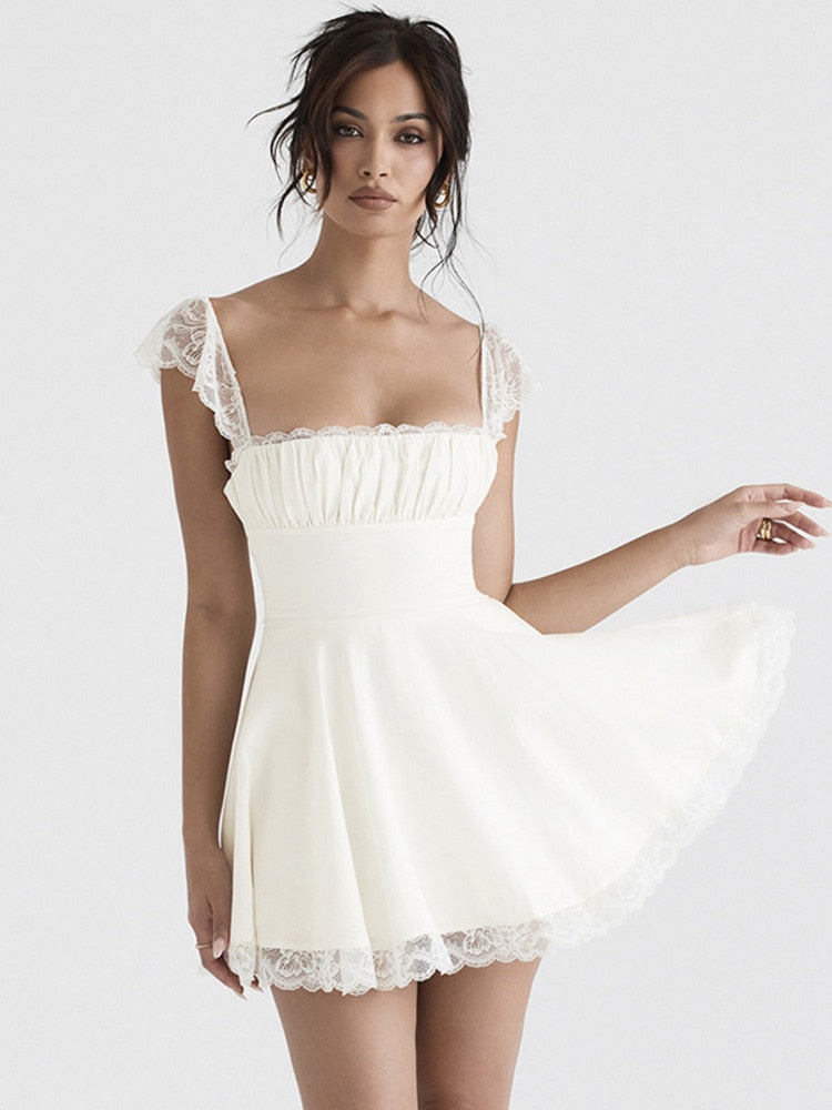 White Lace Strap Mini Dress;  White Mini Dress; white boho dress