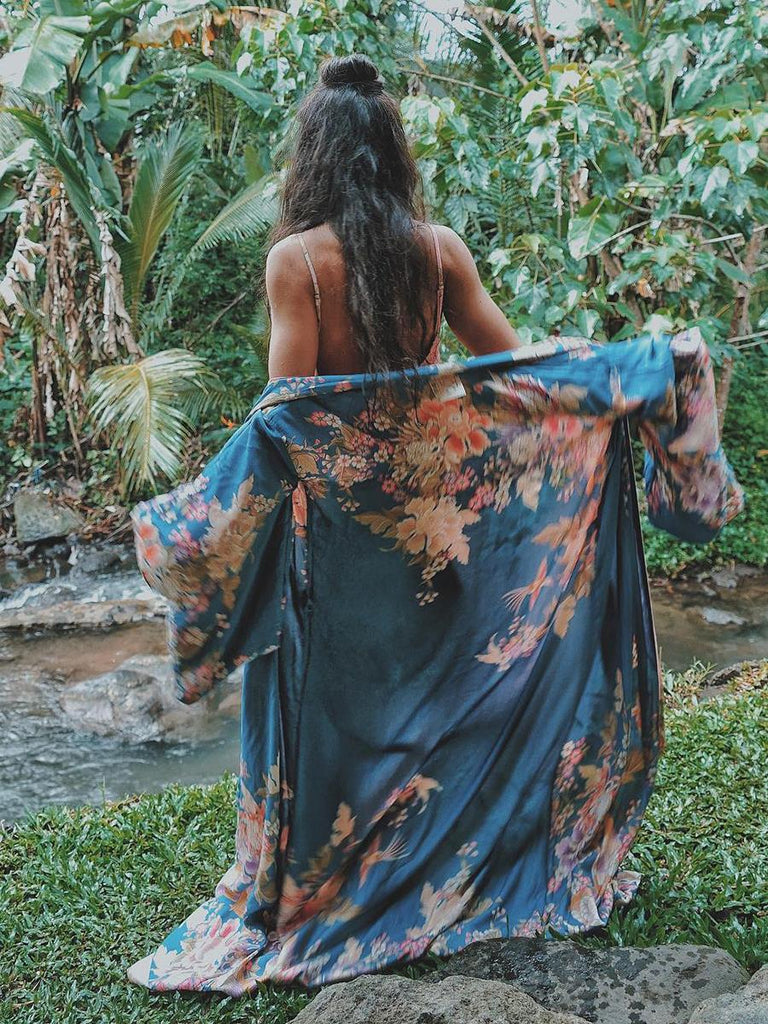 Long Kimono Robe with Batwing Sleeves, floral kimono, boho kimono, long kimono cardigan