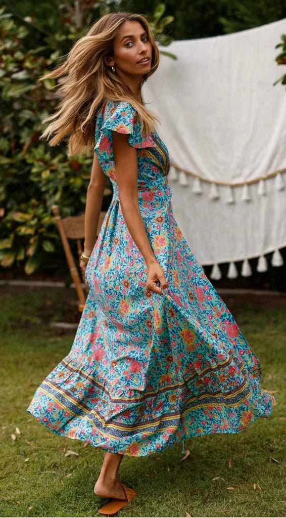 Bohemian Floral Print Maxi Wrap Dress