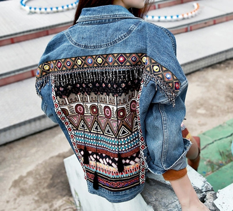 Boho Embroider Jean Jacket Embroidered Tassel Boho Denim Jacket