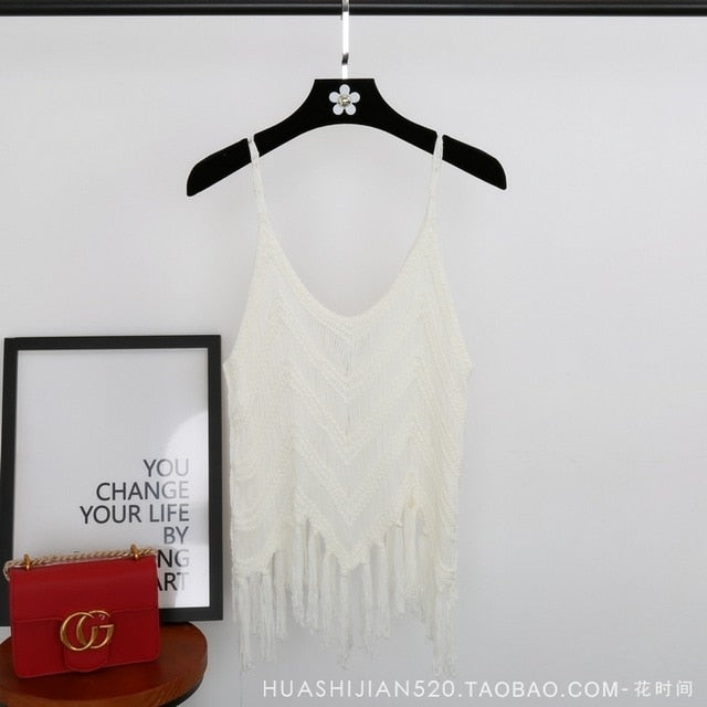 white top with tassels. White knitted top with tassels. white boho top with tassels