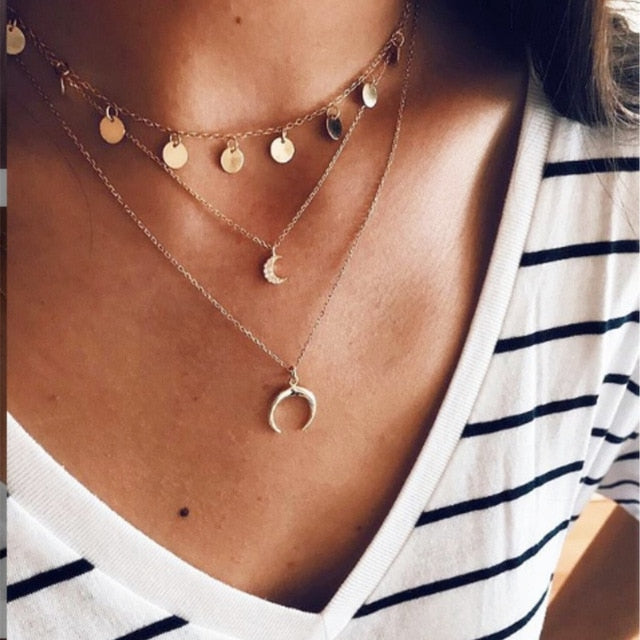 IF ME Vintage Multilayer Crystal Pendant Necklace Women Gold Color Beads Moon Star Horn Crescent Choker Necklaces Jewelry New