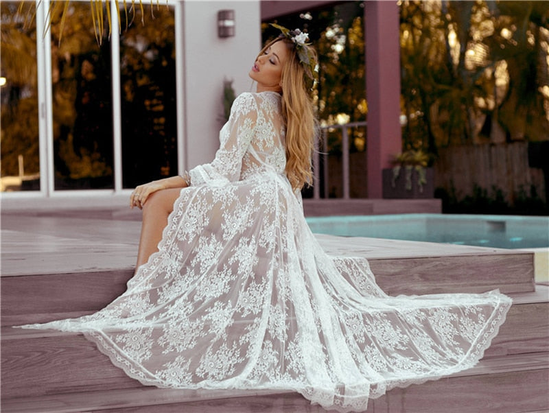 Long Sleeve White Lace Long Cardigan Tai Sequin Lace Cardigan