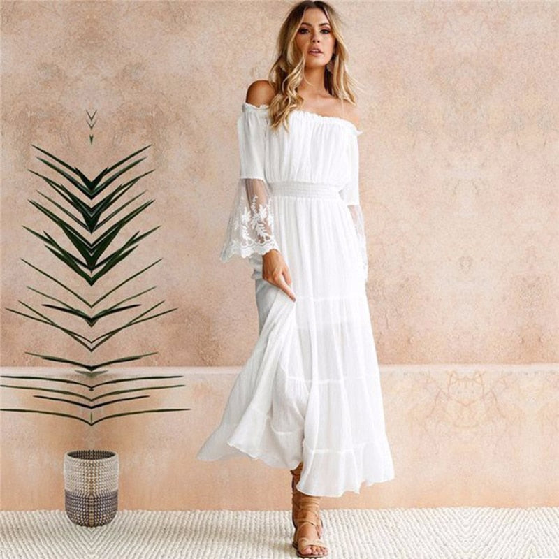 Off Shoulder White Lace Dress| White lace maxi dress| Love that Boho