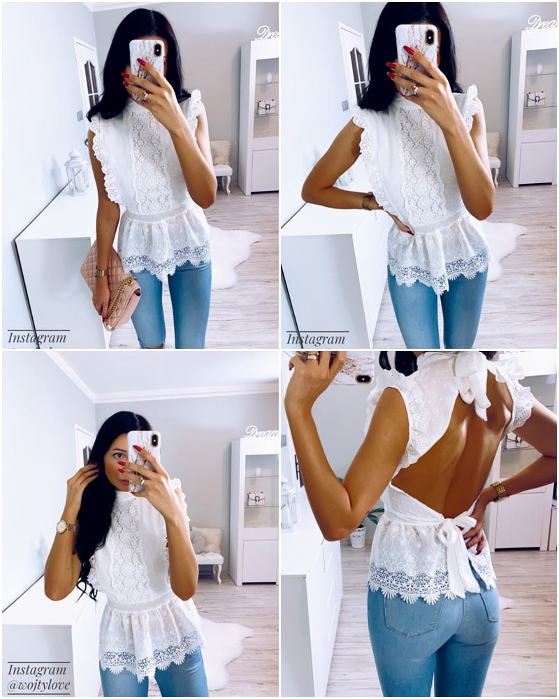 White Backless Lace Ruffled Top