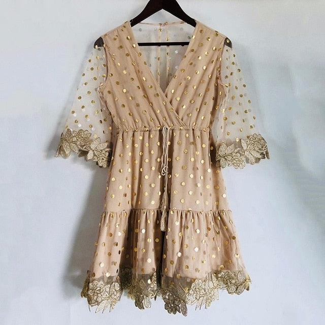 Mesh Semi Backless Embroidered Dress