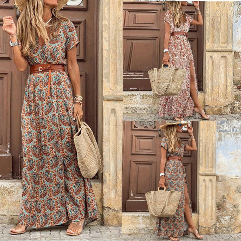 Paisley Print Summer Beach Dress with Belt