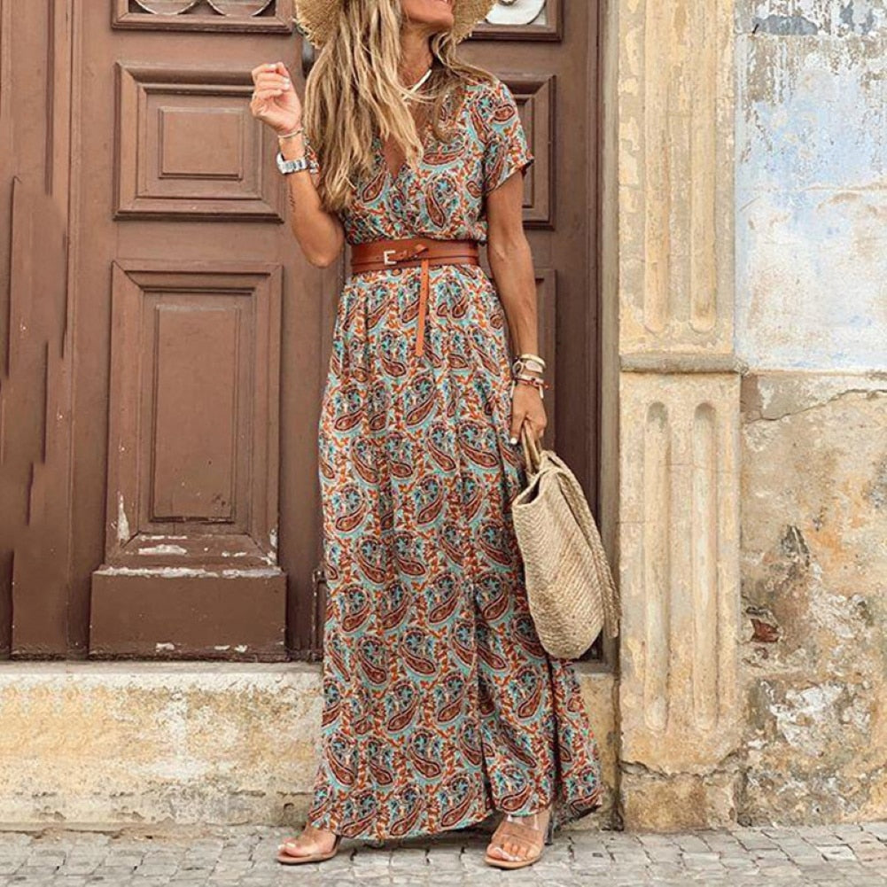 Paisley Print Summer Beach Dress with Belt