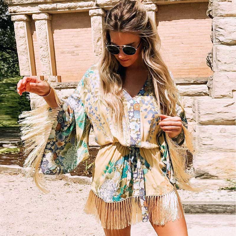 kimono style mini dress Boho Embroidered Mini Dress