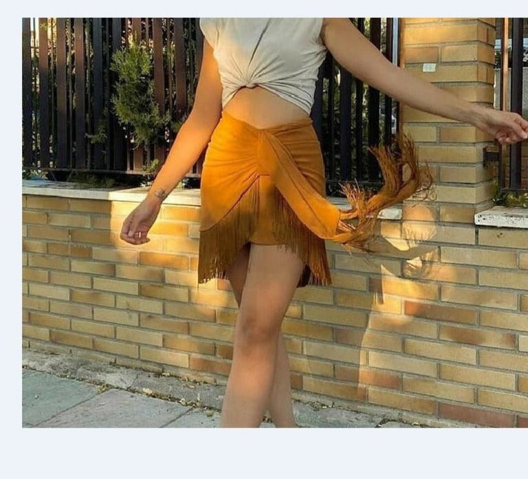 tan boho skirt, tan skirt with tassels, tassel skirt, skirt with tassels