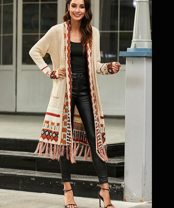 long boho cardigan, boho cardigan, boho cardigan with tassels, boho cardigan with embroidery,  
