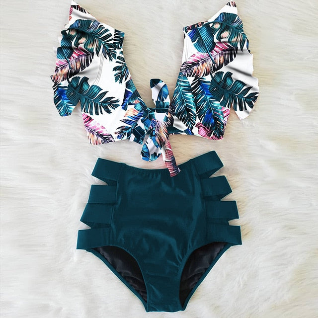 High Waist Floral Ruffle swimsuit -  multiple colors