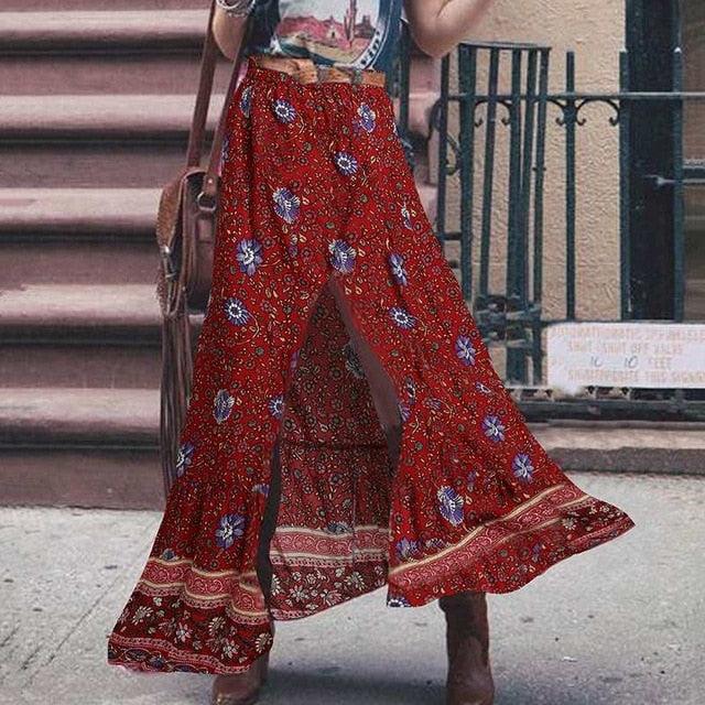 boho maxi skirt, boho skirt, red boho skirt, boho floral print skirt, bohemian skirt